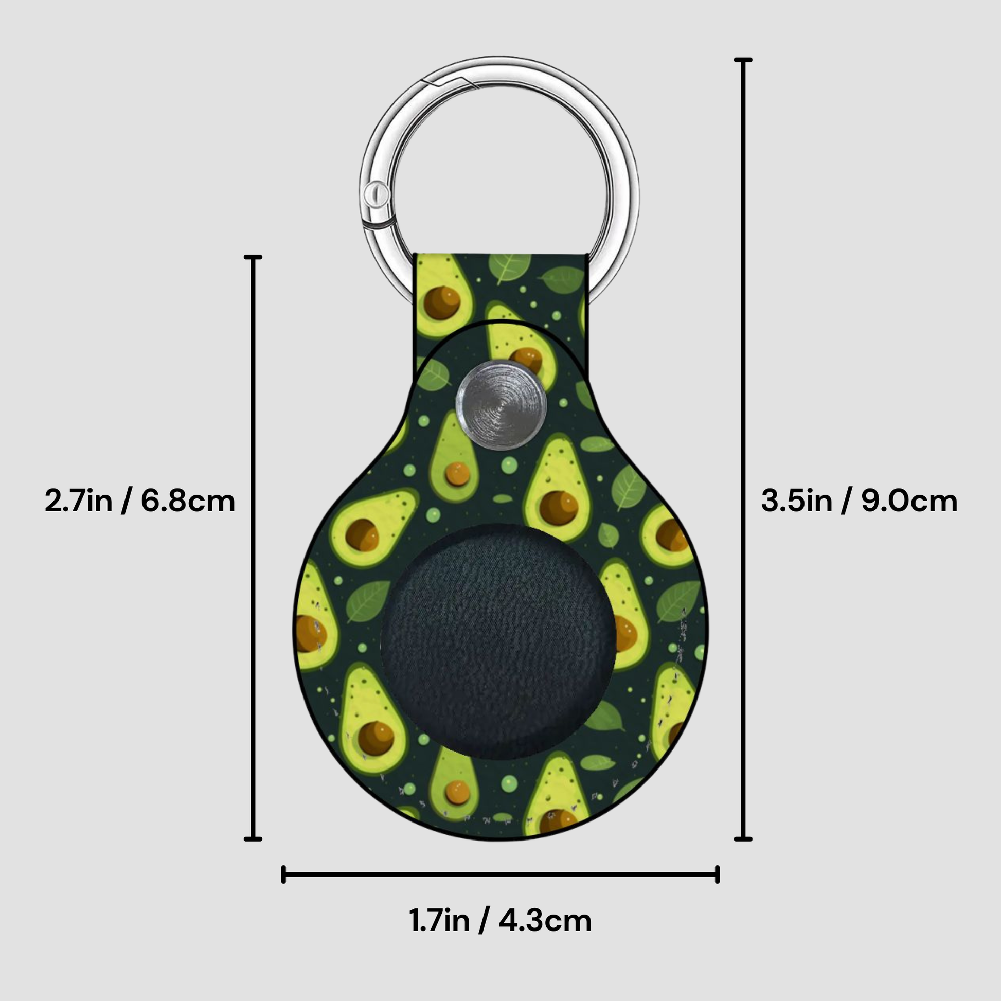 A keychain with a green avocado print and a silver metal carabiner ring, shown with dimension lines and measurements on a light gray background.