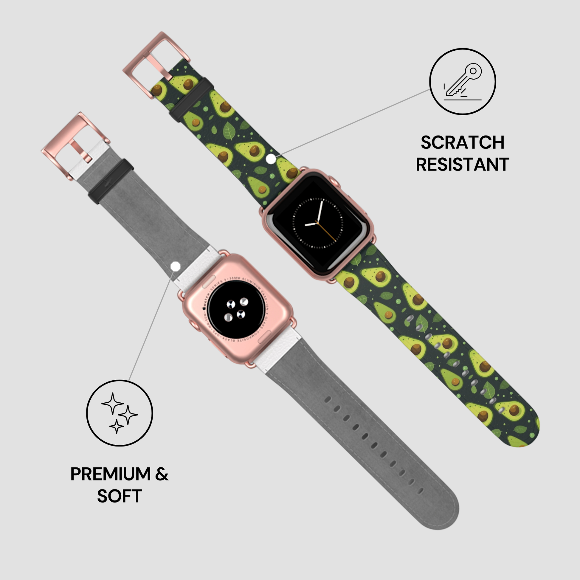 Two smartwatch bands shown on watch faces against a light gray background, with callout icons and text reading 'SCRATCH RESISTANT' and 'PREMIUM & SOFT.' One band is solid gray, and the other has a dark green avocado print with green and yellow tones.