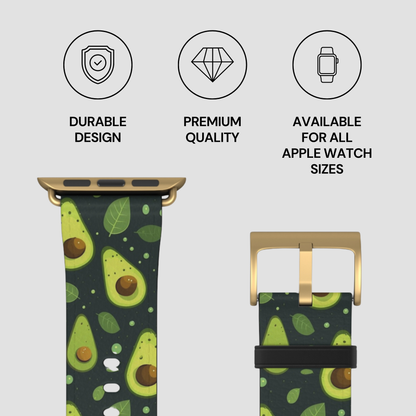 An Apple Watch band with an avocado and leaf pattern, shown with a gold-tone buckle and case clasp. The image includes three feature icons and text reading 'DURABLE DESIGN', 'PREMIUM QUALITY', and 'AVAILABLE FOR ALL APPLE WATCH SIZES' on a light gray background.