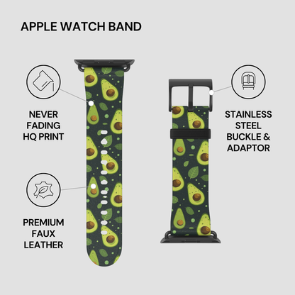 Apple Watch band with an avocado print pattern, shown in front and back views with feature callouts including never fading HQ print, stainless steel buckle and adaptor, and premium faux leather.