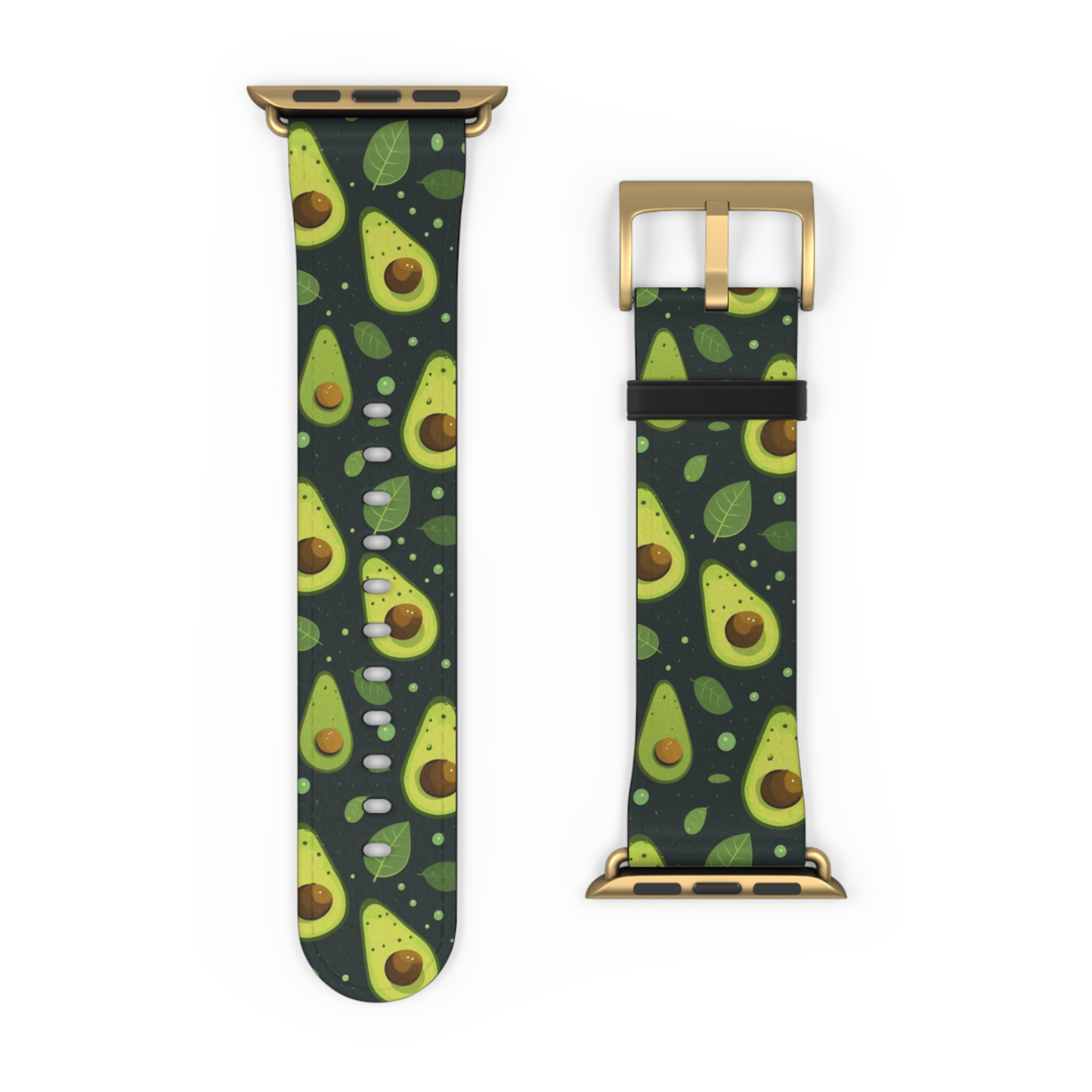 Two views of a smartwatch band with a dark green background and a repeating avocado pattern, featuring gold-toned metal hardware on a white background.