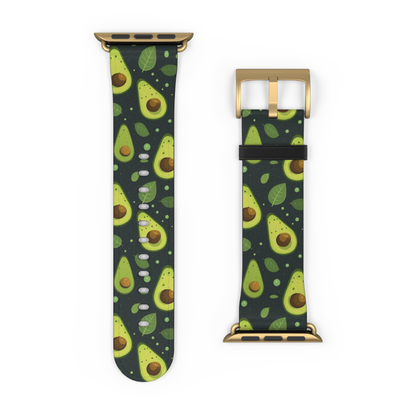 Two views of a smartwatch band with a dark green background and a repeating avocado pattern, featuring gold-toned metal hardware on a white background.