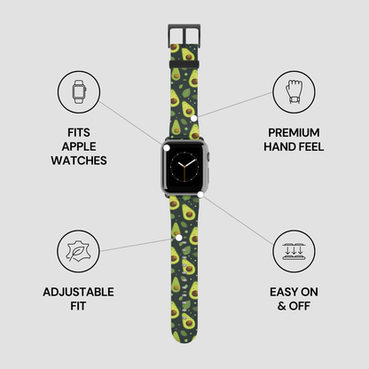 An Apple Watch with a green avocado-patterned silicone strap, shown on a light gray background with four feature callouts: 'FITS APPLE WATCHES,' 'PREMIUM HAND FEEL,' 'ADJUSTABLE FIT,' and 'EASY ON & OFF.'.