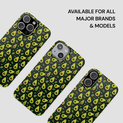 Three phone cases with a green avocado pattern are displayed diagonally on a light gray background, with black text in the upper right reading 'AVAILABLE FOR ALL MAJOR BRANDS & MODELS'.