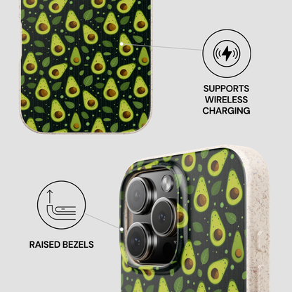 A phone case with a green avocado pattern on a dark background, shown in two views with callout graphics. One view highlights wireless charging support, and the other shows raised camera bezels.
