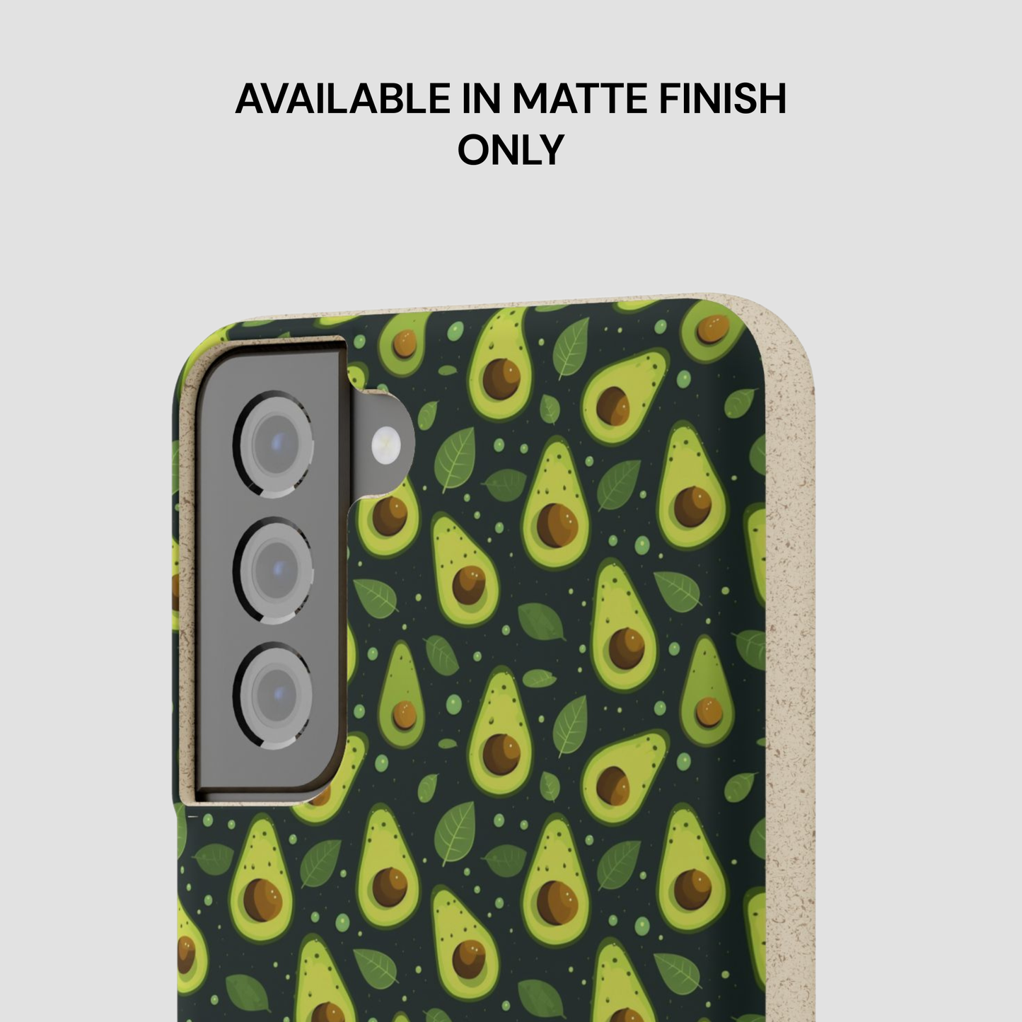 A phone case with an avocado pattern on a dark background, shown on a light gray background with the text 'AVAILABLE IN MATTE FINISH ONLY' above it.