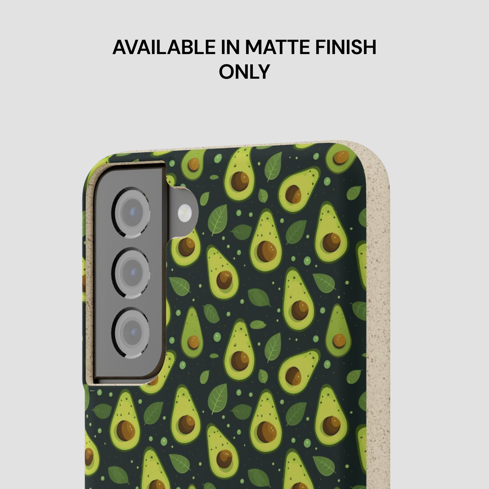 A phone case with an avocado pattern on a dark background, shown on a light gray background with the text 'AVAILABLE IN MATTE FINISH ONLY' above it.