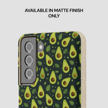 A phone case with an avocado pattern on a dark background, shown on a light gray background with the text 'AVAILABLE IN MATTE FINISH ONLY' above it.