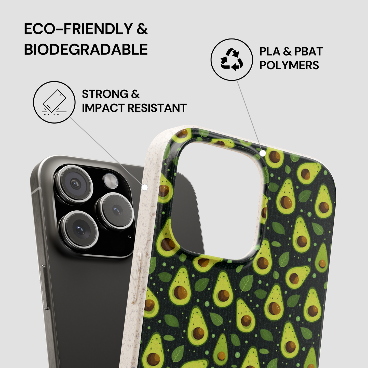 A phone case with a green avocado print on a black background, shown alongside a smartphone. The image includes text and icons highlighting eco-friendly and impact-resistant features.