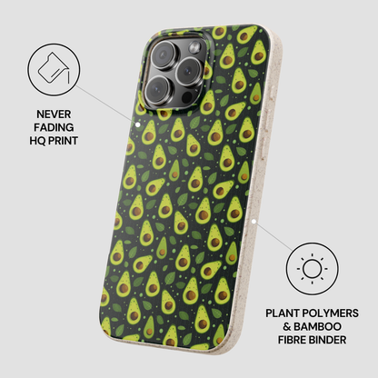 A smartphone case with a repeating avocado print on a dark background, shown on a phone mockup with feature callouts reading 'NEVER FADING HQ PRINT' and 'PLANT POLYMERS & BAMBOO FIBRE BINDER' on a light gray background.