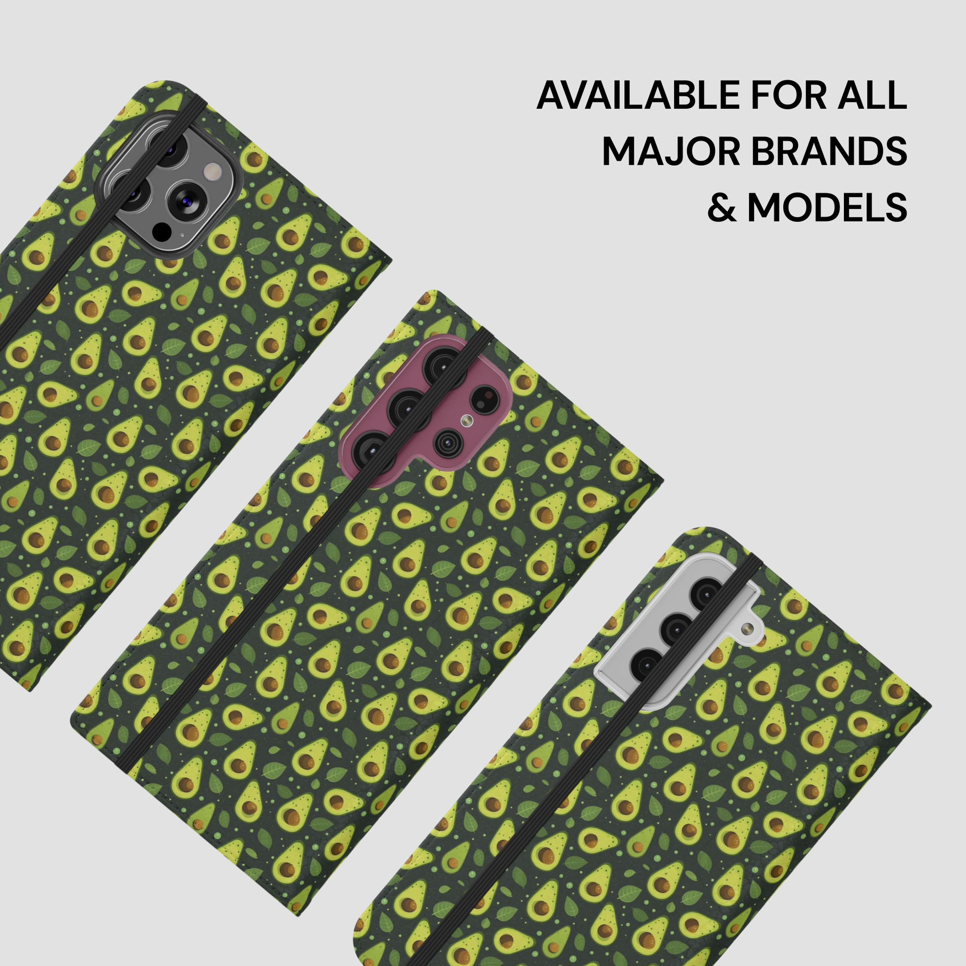 Three phone cases with a green avocado pattern are displayed diagonally on a light gray background, with black text in the upper right reading 'AVAILABLE FOR ALL MAJOR BRANDS & MODELS'.