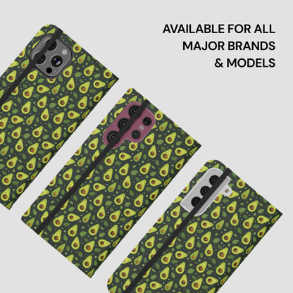 Three phone cases with a green avocado pattern are displayed diagonally on a light gray background, with black text in the upper right reading 'AVAILABLE FOR ALL MAJOR BRANDS & MODELS'.