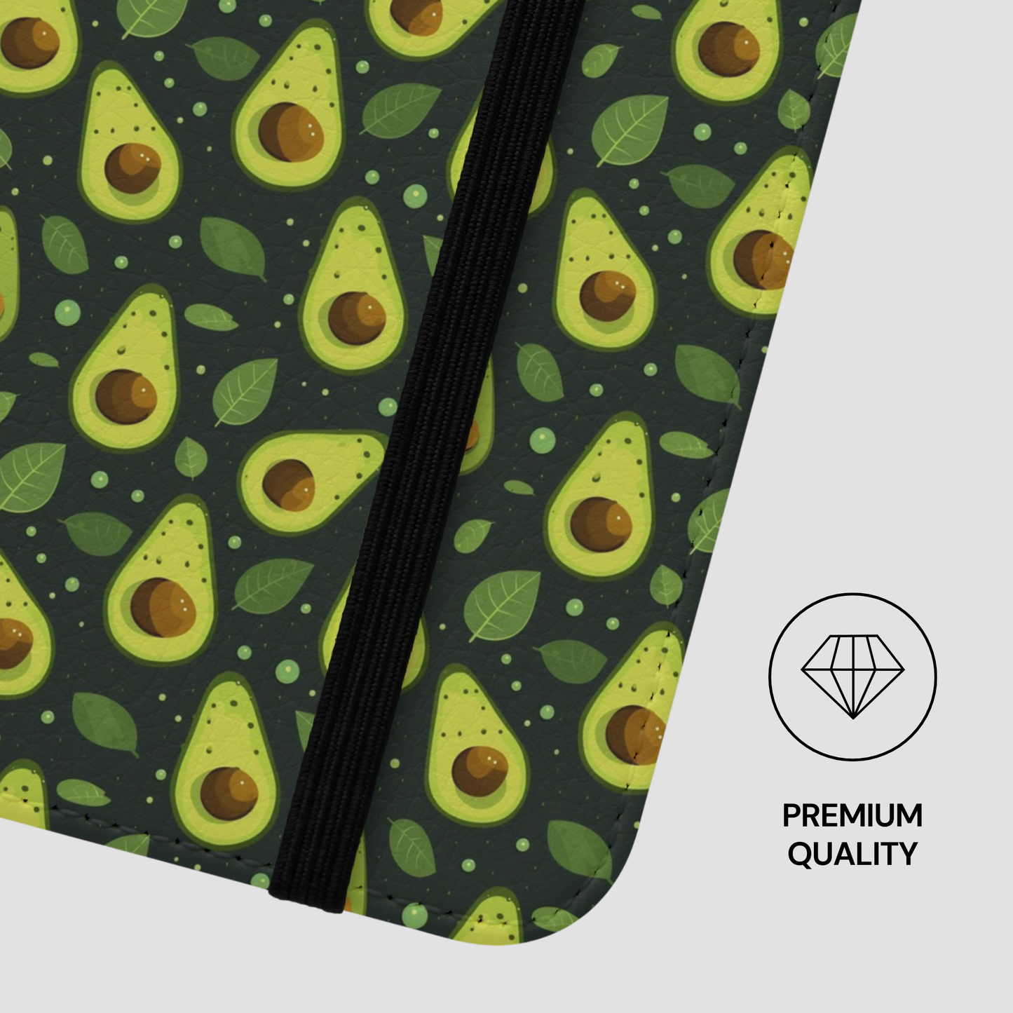 Close-up of a zippered notebook or planner cover featuring a repeating avocado and leaf pattern on a dark background, with a black zipper and a 'PREMIUM QUALITY' diamond icon on the right.