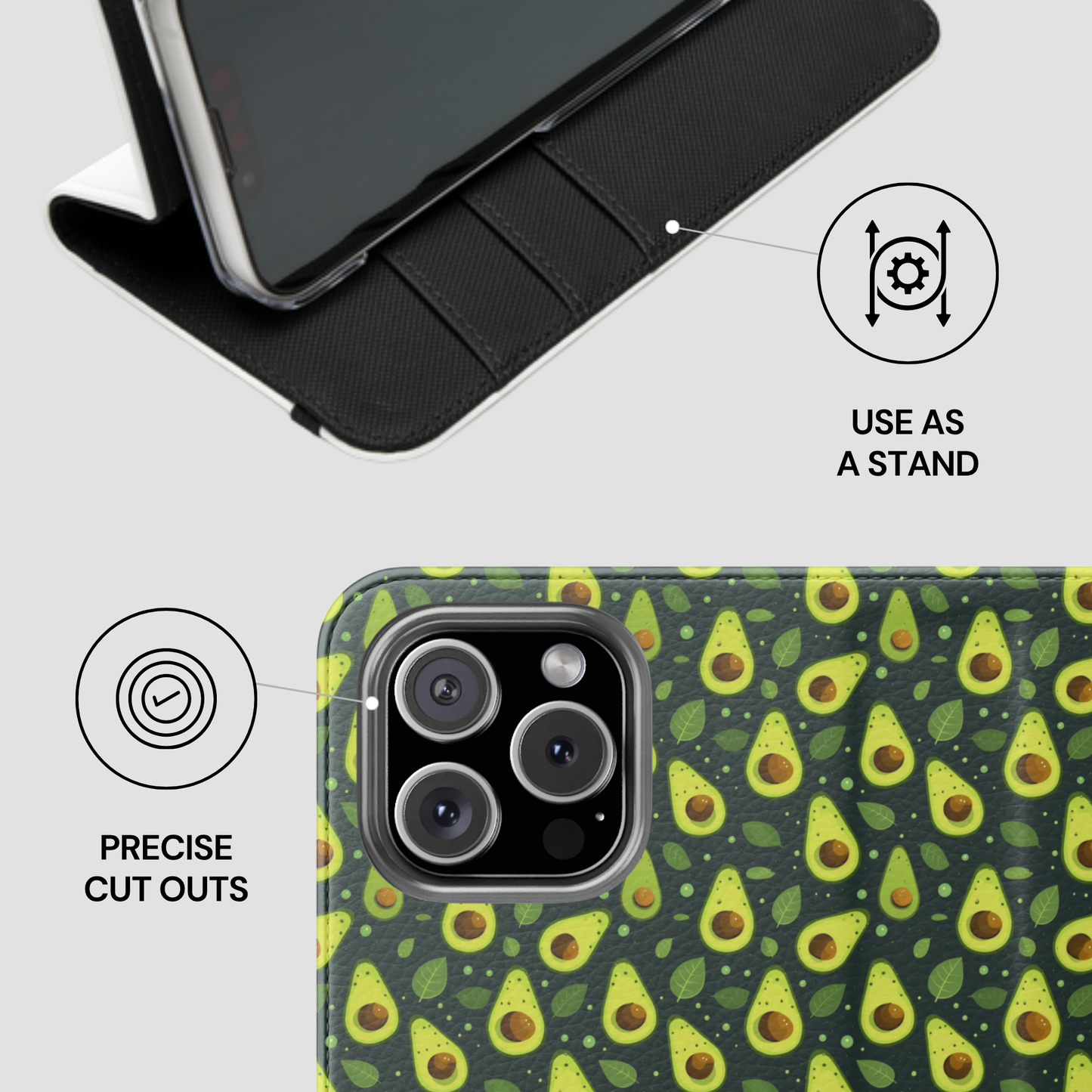 A black folio-style phone case shown open as a stand, with a second view of the back featuring a green avocado print and text callouts reading 'USE AS A STAND' and 'PRECISE CUT OUTS'.