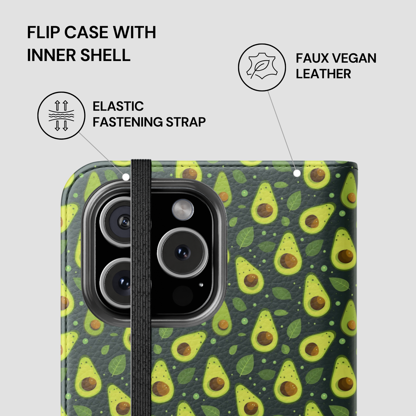 A phone case with a green avocado print pattern, featuring a black elastic strap and a black camera cutout, shown with feature callout text on a light gray background.