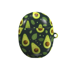 A protective AirPods case featuring a playful avocado print with green avocado halves, brown pits, and green leaves on a dark charcoal background, shown against a plain white background.