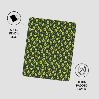 An iPad case with a green avocado print pattern, shown with graphic callouts highlighting its 'Apple Pencil Slot' and 'Thick Padded Layer' features against a light gray background.