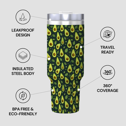 Leopard print tumbler with features listed on a gray background
