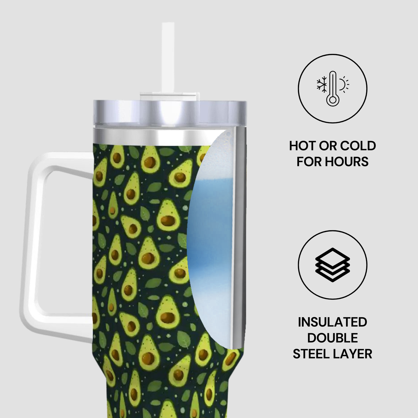 A handled insulated tumbler with a clear lid and straw, featuring a dark green wrap printed with avocado slices. The tumbler is shown on a light gray background with two feature callouts: 'HOT OR COLD FOR HOURS' and 'INSULATED DOUBLE STEEL LAYER'.