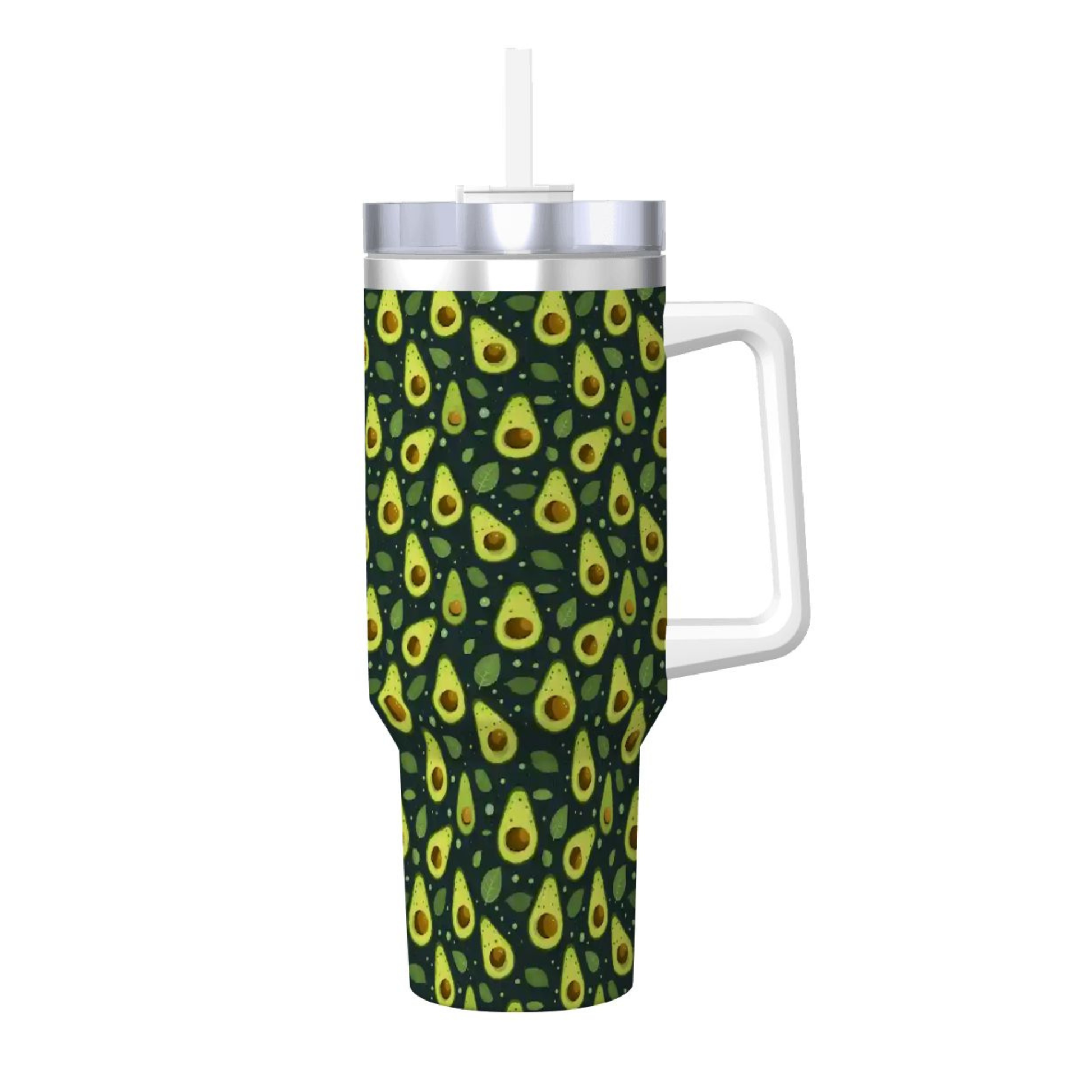 A handleless travel tumbler with a white handle, featuring a dark green background patterned with yellow and green avocado halves. It has a clear lid with a white straw and a silver rim.