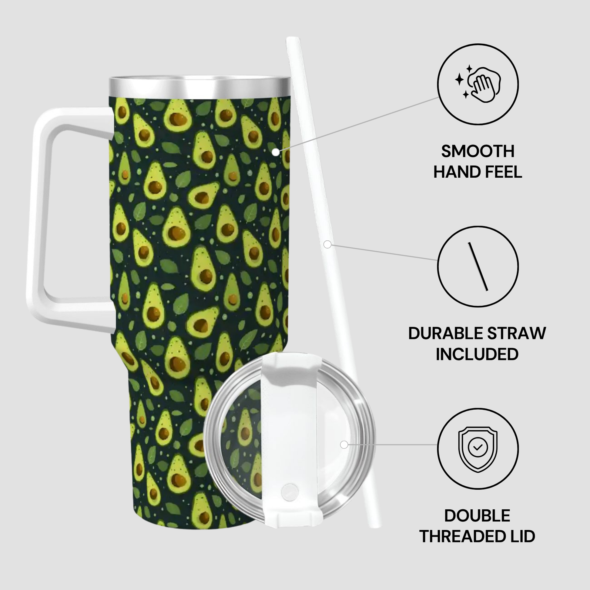A stainless steel travel tumbler with a green avocado print sleeve, shown with a white handle, clear lid, and a white straw on a light gray background. Callout graphics highlight features: smooth hand feel, durable straw included, double threaded lid.
