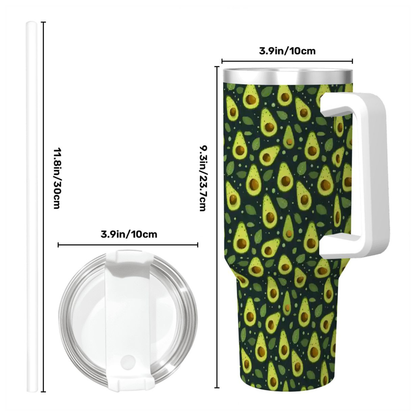 A tall insulated tumbler with a white handle and a repeating avocado print on a dark green background, shown with dimension lines and labels for height, width, and lid size. A separate lid is displayed to the left.