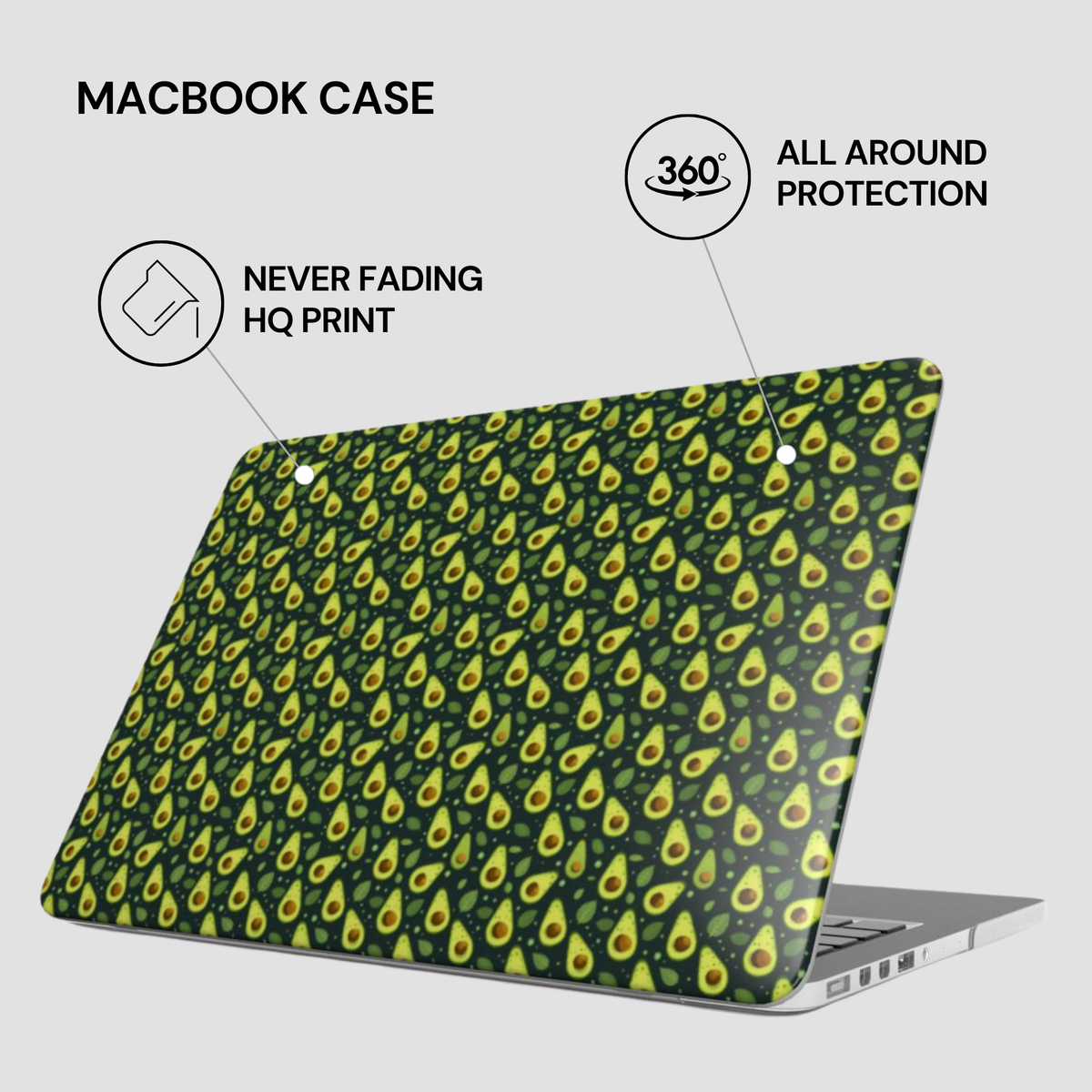 A MacBook case with a repeating avocado pattern in green and yellow, shown fitted over a laptop on a light gray background with marketing text and icons about print quality and all-around protection.