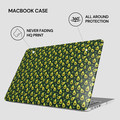 A MacBook case with a repeating avocado pattern in green and yellow, shown fitted over a laptop on a light gray background with marketing text and icons about print quality and all-around protection.