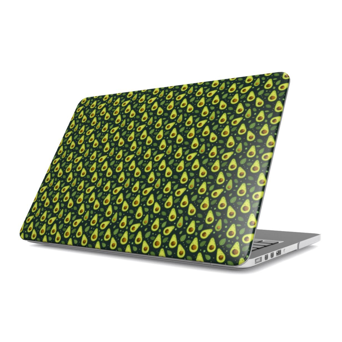 A silver laptop with a protective skin or case on its lid, featuring a repeating avocado pattern in green and yellow on a dark background, shown against a plain white background.