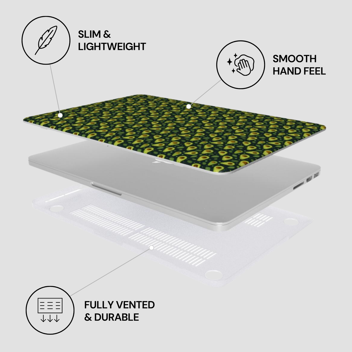 A laptop skin or cover with a green and yellow abstract pattern is shown floating above a silver laptop on a light gray background, with callout text reading 'SLIM & LIGHTWEIGHT,' 'SMOOTH HAND FEEL,' and 'FULLY VENTED & DURABLE.'.