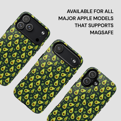 Three phone cases with a green avocado print pattern, shown on Apple iPhone models against a light gray background with text stating 'AVAILABLE FOR ALL MAJOR APPLE MODELS THAT SUPPORTS MAGSAFE'.