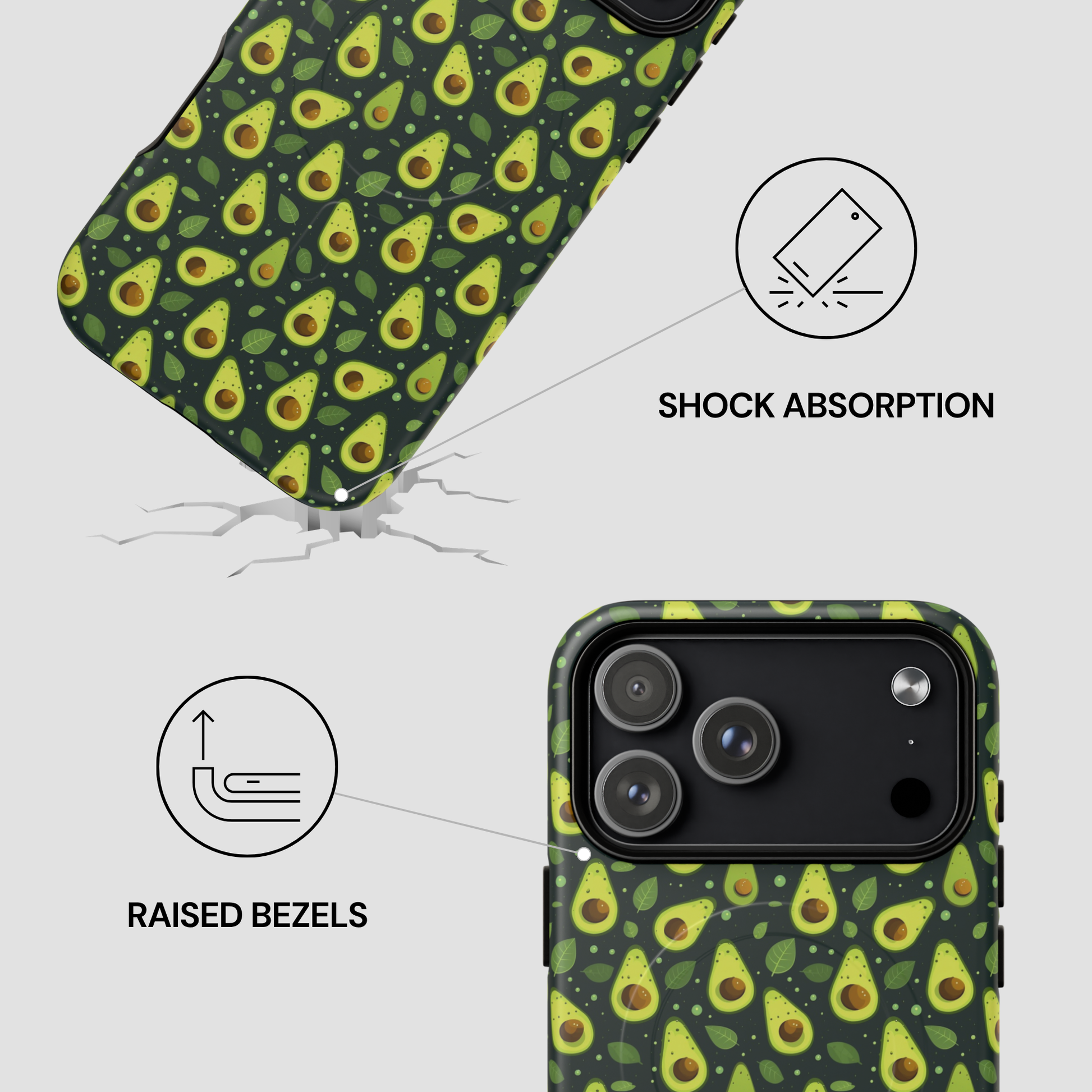 A phone case with a green avocado print pattern, shown with feature callouts: a cracked phone underneath labeled 'SHOCK ABSORPTION' and a raised camera area labeled 'RAISED BEZELS'.