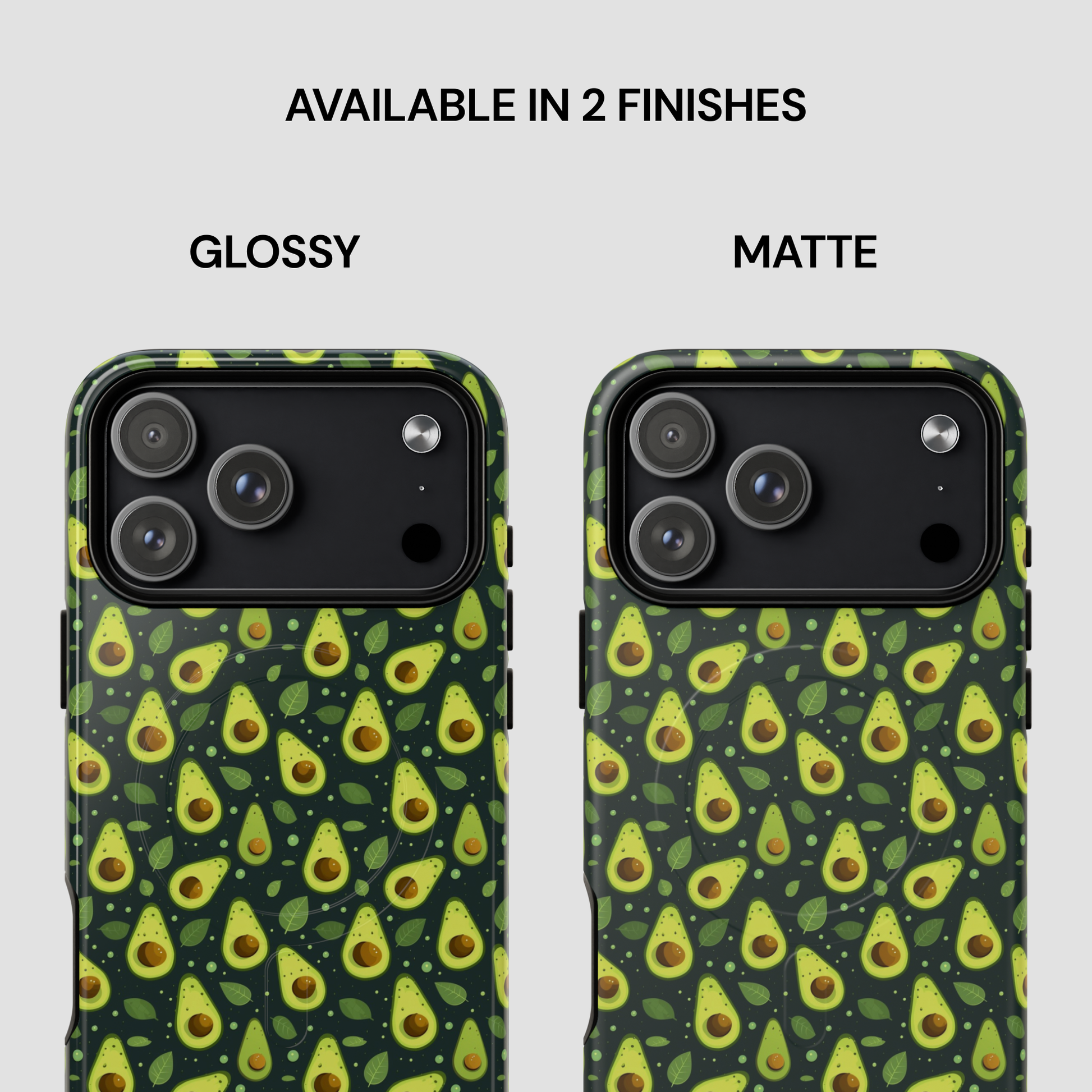 Two phone cases shown side by side on a light gray background, labeled Glossy and Matte. Both cases have a repeating avocado print in green, yellow, and brown on a dark green base.