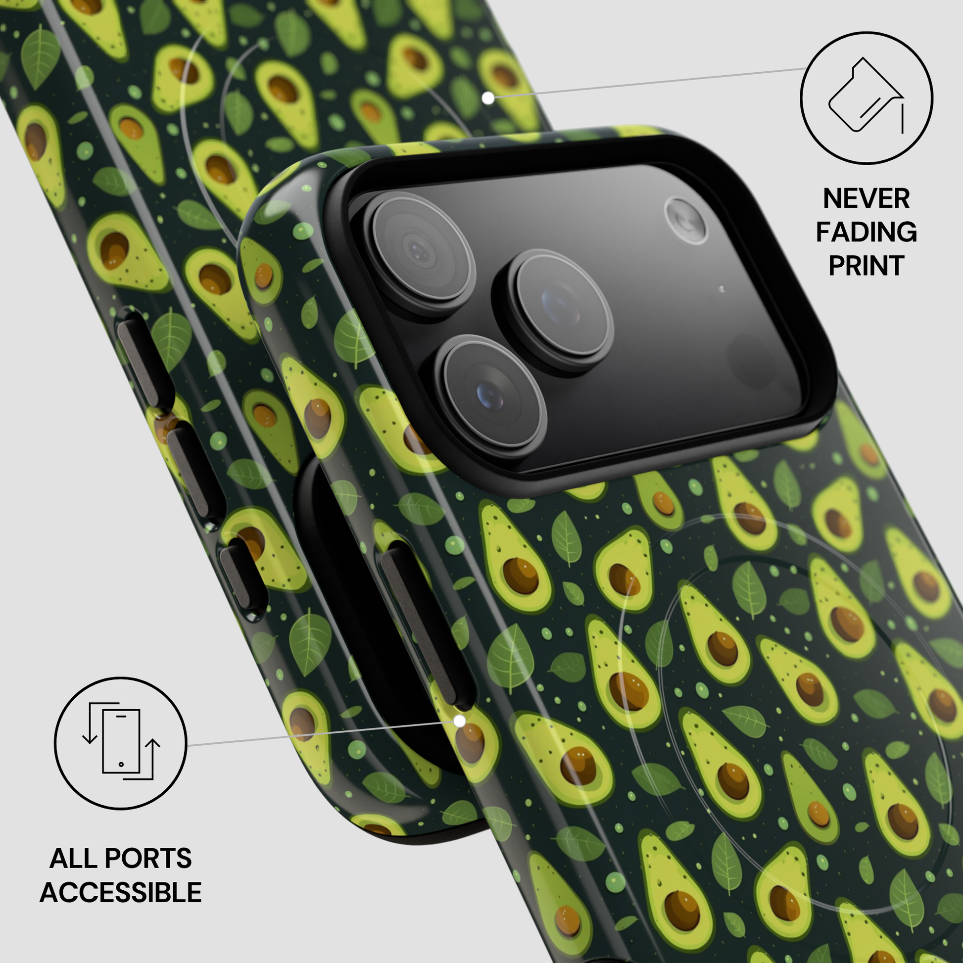 A phone case with a green avocado print pattern, shown on a smartphone with feature callout icons and text overlays on a light gray background.