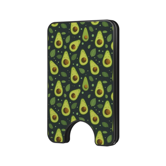 A slim black wallet-style phone case with a repeating avocado pattern, featuring a built-in kickstand at the bottom, shown on a plain white background.