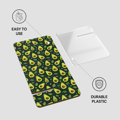 A phone case with a green avocado pattern is shown alongside a clear protective cover on a light gray background, with text callouts reading 'EASY TO USE' and 'DURABLE PLASTIC'.