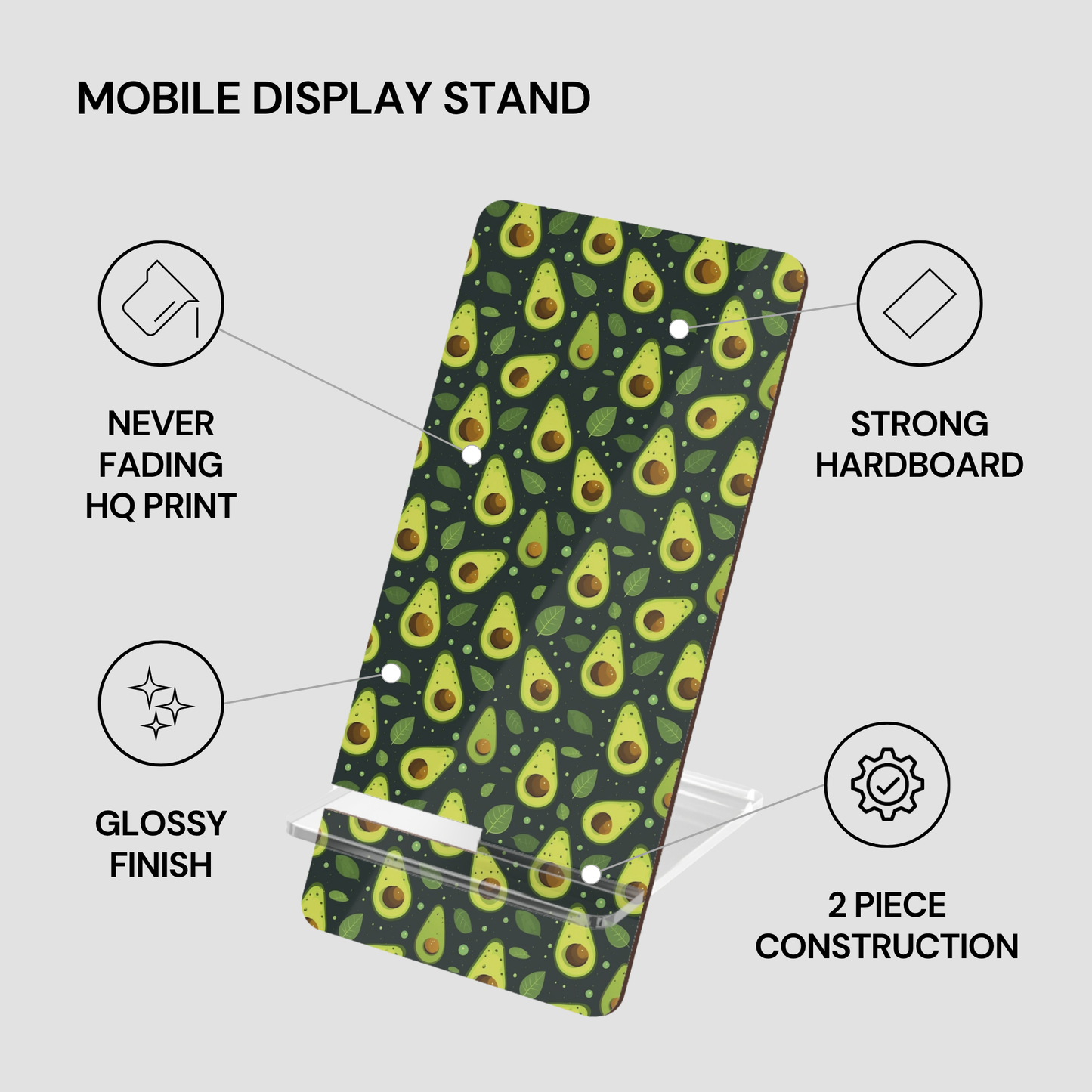 A mobile display stand with a glossy avocado print, shown on a light gray background with feature callout icons and text describing its qualities.