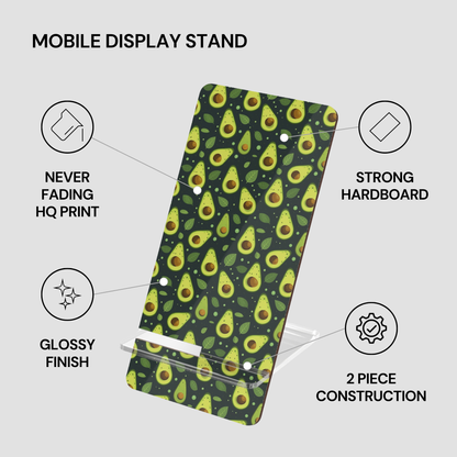 A mobile display stand with a glossy avocado print, shown on a light gray background with feature callout icons and text describing its qualities.