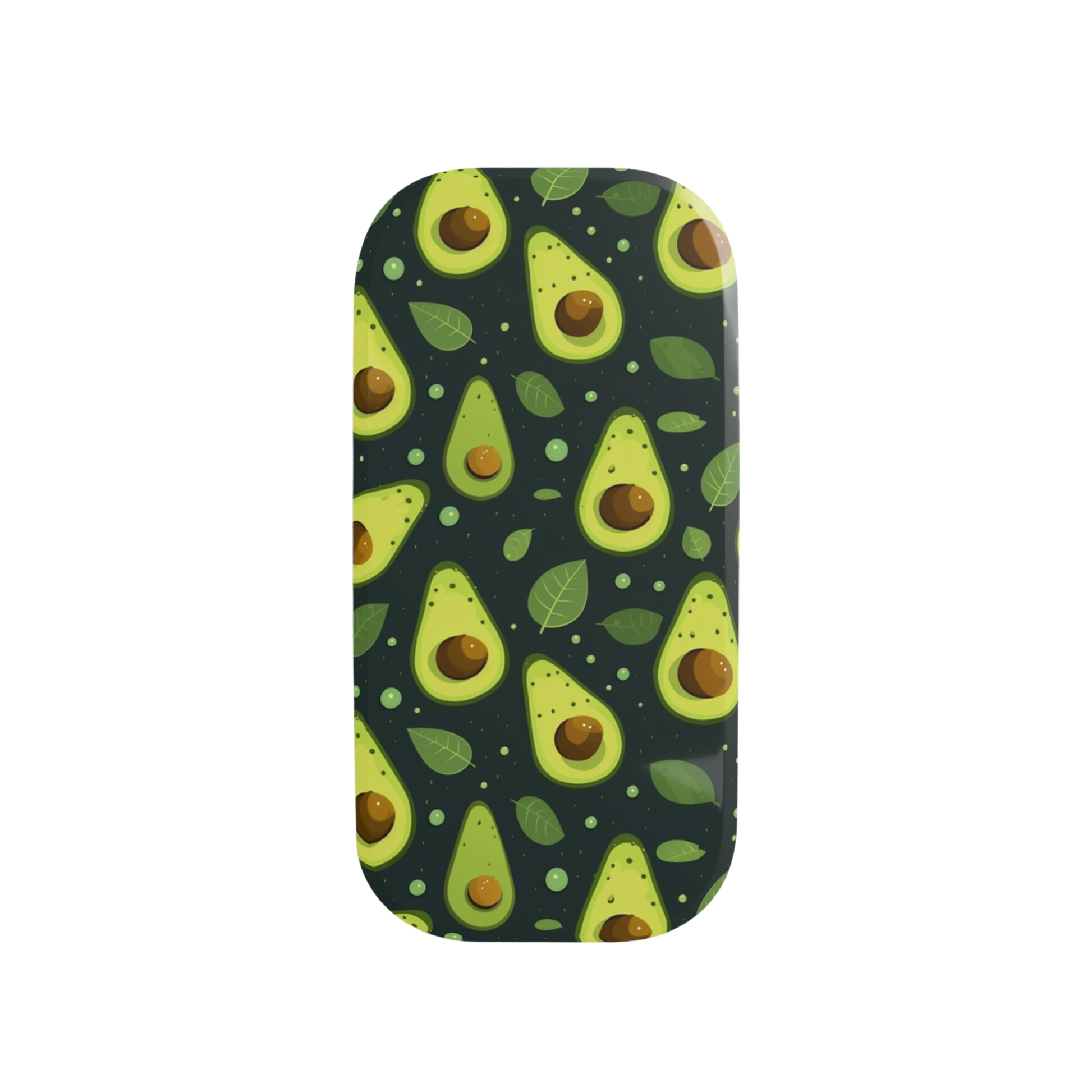 A phone case featuring a repeating avocado pattern on a dark green background, isolated on a white studio background.