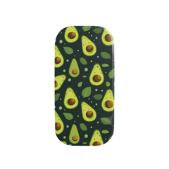 A phone case featuring a repeating avocado pattern on a dark green background, isolated on a white studio background.
