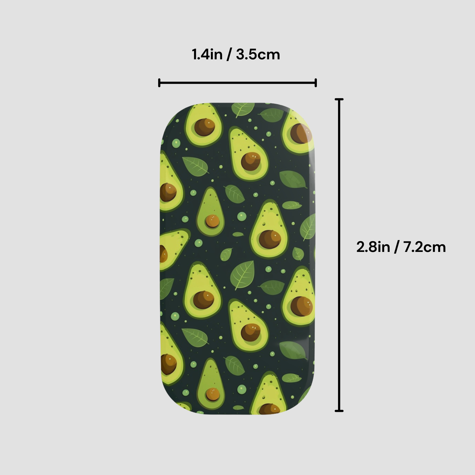 A phone case with a dark green avocado pattern, shown with dimension lines and text indicating its size as 1.4in / 3.