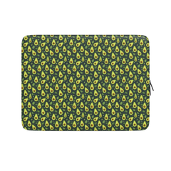 A laptop sleeve featuring a repeating avocado pattern in shades of green and yellow on a dark green background, shown against a plain white background.