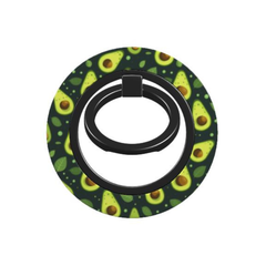 A circular phone stand or ring holder with a black metal ring in the center and a dark green outer ring printed with a repeating avocado pattern, shown on a plain white background.
