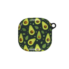 A protective case for wireless earbuds featuring a repeating avocado pattern on a dark background, with a small black loop at the top right.