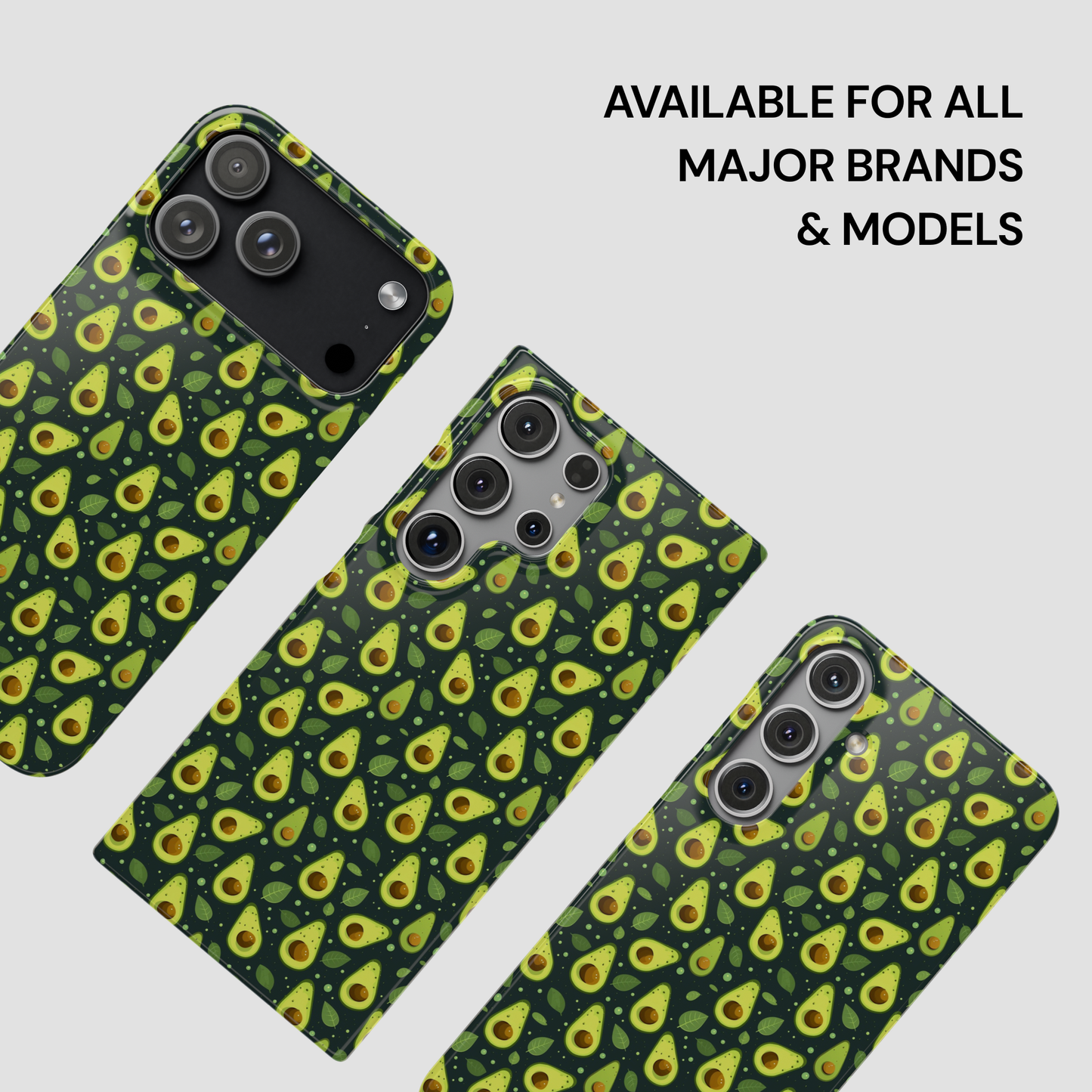Three smartphone cases with an avocado print pattern on a dark green background, shown from different angles on a light gray background with text reading 'AVAILABLE FOR ALL MAJOR BRANDS & MODELS'.
