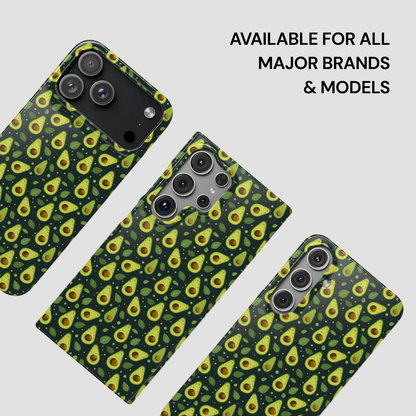 Three smartphone cases with an avocado print pattern on a dark green background, shown from different angles on a light gray background with text reading 'AVAILABLE FOR ALL MAJOR BRANDS & MODELS'.