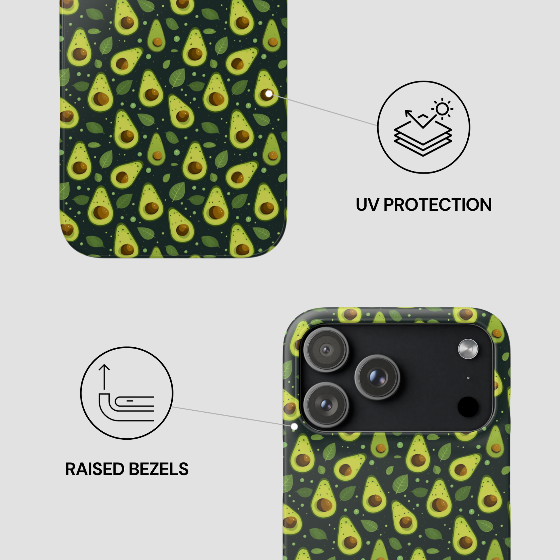 A phone case with an avocado print pattern, shown on a phone with feature callouts for UV protection and raised bezels on a light gray background.