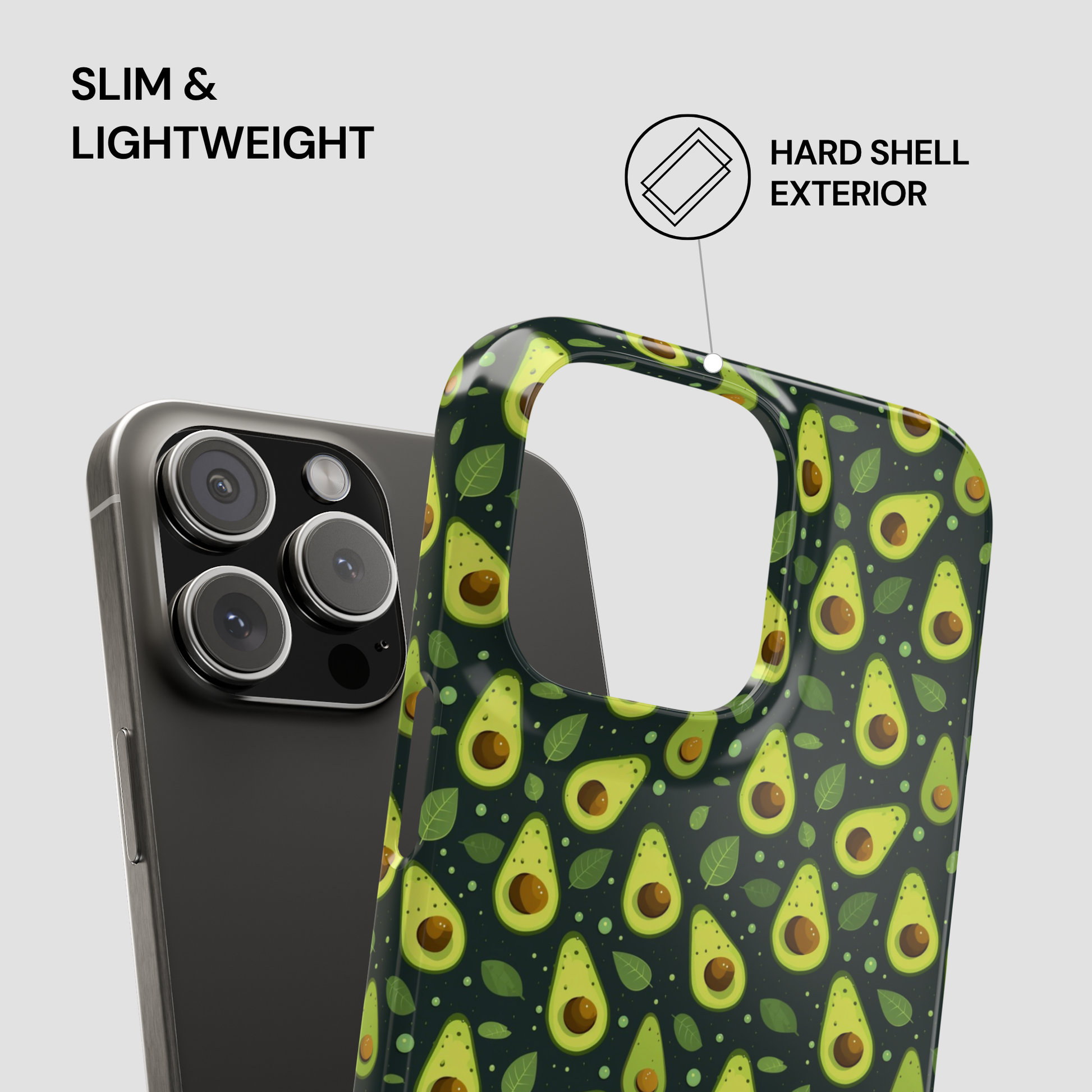 A smartphone case with a repeating avocado print on a dark background, shown next to a phone for scale. Text on the image highlights slim lightweight design and hard shell exterior.