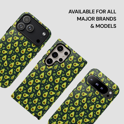 Three smartphone cases with a repeating avocado print are shown on phones against a light gray background, with text reading 'AVAILABLE FOR ALL MAJOR BRANDS & MODELS'.