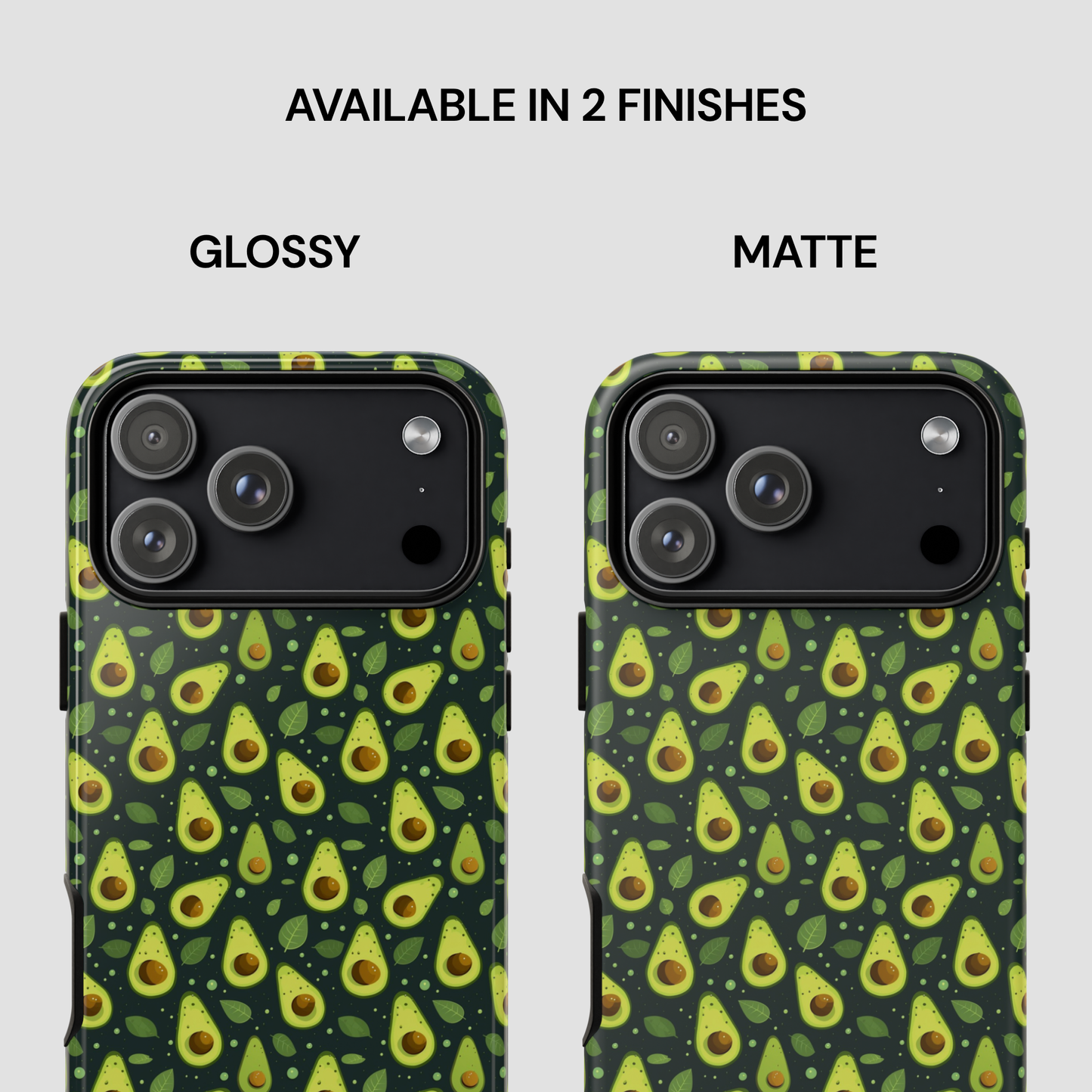 Two phone cases shown side by side on a light gray background, labeled GLOSSY and MATTE under the text 'AVAILABLE IN 2 FINISHES.' Both cases have a repeating avocado print on a dark green base.